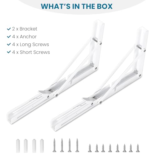 2 Pcs Folding Shelf Brackets,10 Inch White Collapsible Shelf Bracket for WorkbenchShelf Hinge Wall Mounted Space Saving DIY Bracket,with Screws. - view 3