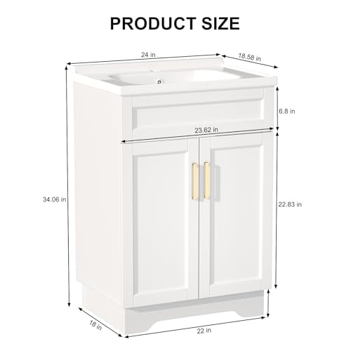 Bathroom Vanity with Sink, 24-Inch Bathroom Vanities Cabinet with Large Storage Space, Wooden Bathroom Sink Cabinet, White - view 2