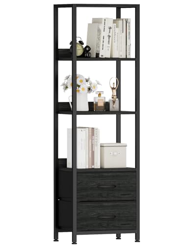 4 Tier Corner Shelf,Black Narrow Bookshelf with 2 Storage Drawers