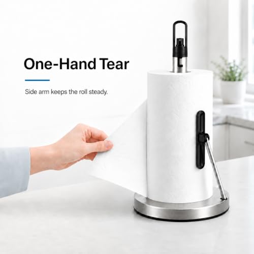 Paper Towel Holder with Spray Pump, All-in-One Countertop Paper Towel Stand with Refillable Bottle, One-Handed Tear Kitchen Roll Holder, Weighted Base, Brushed Stainless Steel(Chrome) - view 6