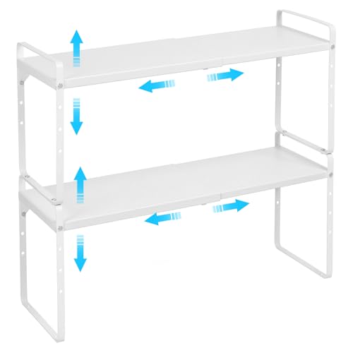 Set of 2 Expandable Cabinet Shelf Organizer, Stackable Kitchen Countertop Shelves Spice Racks, Small Storage Shelf For Cupboard Counter Tabletop, 30 LBS Heavy Duty, Adjustable, 13.8" to 21.6" Long