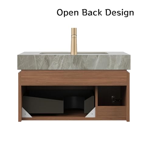 30" Bathroom Vanity with Sink, Wall-Mounted Plywood Bathroom Storage Cabinet with Ceramic Basin & Sintered Stone Countertop, Modern Pre-Assembled Floating Vanity with Drawer & Door, Brown Oak - view 6