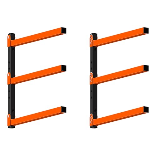 Heavy Duty Wall Mounted Lumber Storage Rack, 3-Level, 4 Pack Metal Garage Shelving System for Wood, Pipes & Skis, 300 Lbs Capacity Organizer Bracket (Black/Orange) - view 2