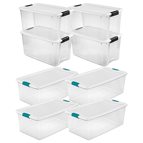 Storage System Solution with 106 Quart Clear Latching Storage Tote, 4 Pack and 66 Quart Plastic Stackable Storage Tote, 4 Pack