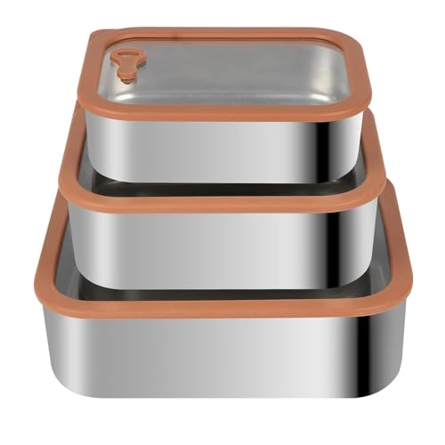 304 Stainless Steel Food Storage Containers - Heat-Resistant Glass Lid Set for Secure Meal Prep, Ideal for Cooking, Office & Camping (3pcs-21 oz, 42 oz and 70 oz)