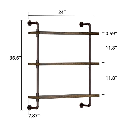 3 Tier Industrial Pipe Shelf Rustic Wood Floating Shelves,Wall Display Bookshelf,Storage Rack Sundries Holder for Kitchen Office Bathroom Organization and Home Decor (24inch) - view 3