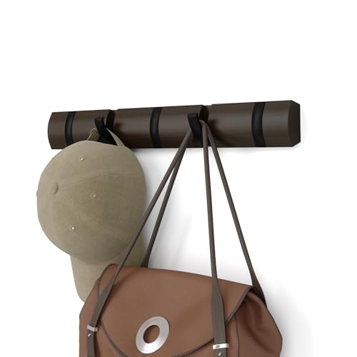 Flip Coat Rack, Wall Mounted 5-Hook Space Saving, Walnut/Black