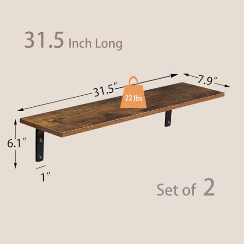 Long Wall Shelves, 31.5Inch Wooden Wall Mounted Shelves, Set of 2 - view 3