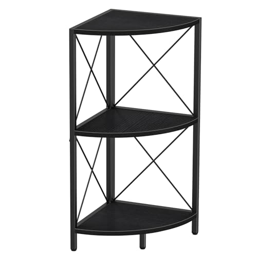 Corner Shelf with Metal Frame, 3 Tier Corner Storage Organizer, Freestanding Corner Bookshelf Stand Display Rack for Kitchen, Living Room, Black
