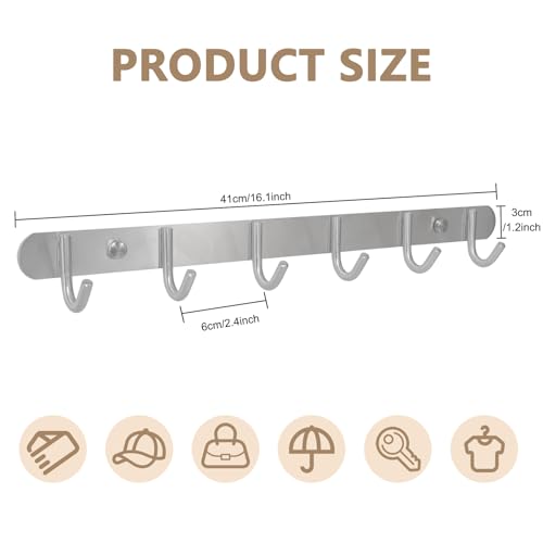 Coat Hook Rack Wall Mounted - Towel Hook Rail with 6 Round Hooks/16-inch/304Stainless Steel Brushed Nickel/Super Easy Installation/Rust and Water Proof/Perfect Home Storage & Organization - view 2