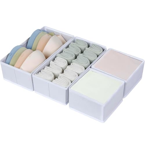 Drawer Organiser System, Drawer Organiser, Foldable Storage Box, Fabric, Drawer Inserts for Wardrobes, Wardrobe Organiser for Trousers, Clothes, Set of 4, White