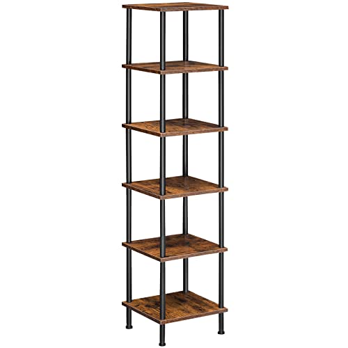 6-Tier Corner Shelf, Corner Square Rack Display Shelf, Tall Storage Rack Plant Stand, Bookcase for Small Spaces, Living Room, Home Office, Kitchen, Rustic Brown and Black BF55CJ01