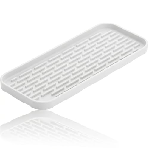 Silicone Organizer Tray, Soap and Sponge Holder for Kitchen Sink, Bathroom - Storage Tray for Dish Brush, Soap Dispenser, Dishwashing Accessories-(White 1 Pack, 12"x4.7")