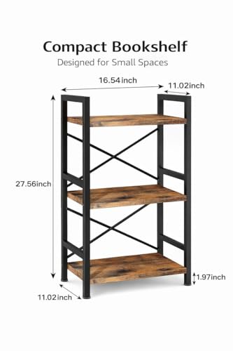 Small Bookshelf for Small Spaces, 3-Tier Industrial Bookcase with Metal Frame and Wood Shelves, Narrow Storage Shelf for Living Room, Bedroom, Apartment - view 3