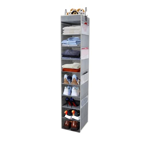 Large-Sized Hanging Shoe Organizer 10-Shelf, Sturdy Hanging Closet Organizer with 8 Side Pockets, Wider Hanging Shelves for Storage Shoes Clothes Jeans Shirts Toys, Grey