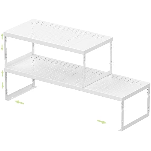 Adjustable Stackable Metal Storage Shelf Organizer - Expandable Wire Rack with Perforations for Kitchen, Pantry, Bathroom, Cabinet & Office-Compact, Durable & Sturdy (2PACKS/Large/White)