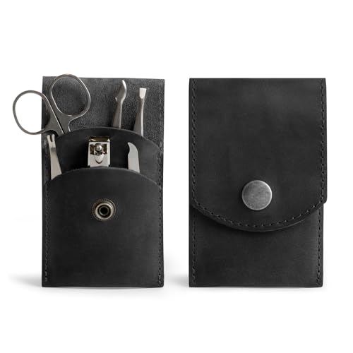 Double Nail Clipper Case, Beauty & Personal Care, Commuter and Nomad, Grooming Case, Home & Travel Essentials, Manicure Kit Storage, Full Grain Leather, Handmade (Charcoal Black)