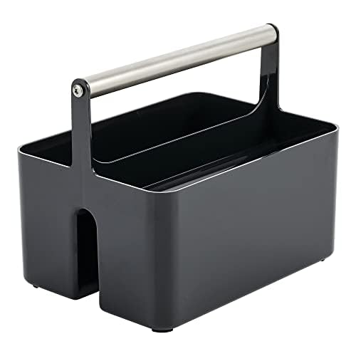 Plastic Shower Caddy Storage Organizer Utility Tote, Divided Basket Bin - Metal Handle for Bathroom, Dorm, Kitchen, Holds Soap, Shampoo, Conditioner - Aura Collection - Black/Brushed Chrome