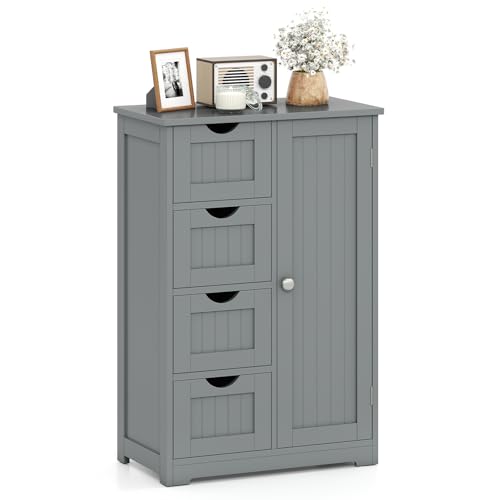 Bathroom Cabinet, Freestanding Storage Cabinet with 1 Door & 4 Drawers, 3-Level Adjustable Shelf, Anti-toppling System, Modern Storage Organizer for Bathroom, Living Room, Kitchen (Gray)
