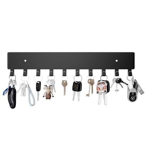 Key Holder for Wall, Key Hooks with 10 Hooks, Wall Mounted Key Holder for Hallway, Self Adhesive Key Rack(Black)
