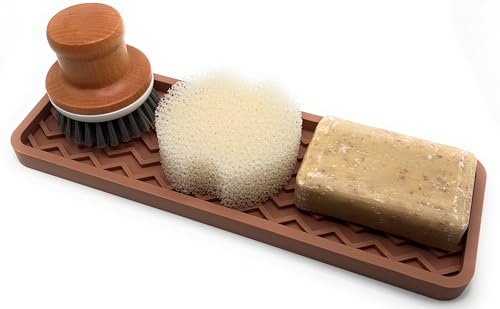 Silicone Sink Organizer Tray, Rectangular, Modern Style, Heat Safe, Dishwasher Safe, for Bathroom and Kitchen Organization (Mocha, 12"x4", Chevron Pattern) - view 2