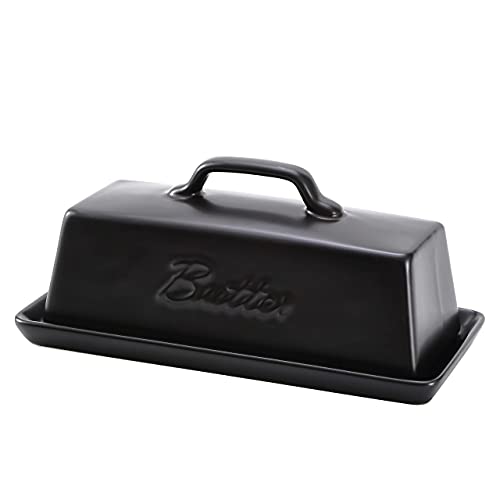 Ceramic Butter Dishes With Lid. Butter Holder/ Tray/ Storage With Lid And Handle. Porcelain Butter Keeper For Countertop. Butter Dish With Cover In Black Color.