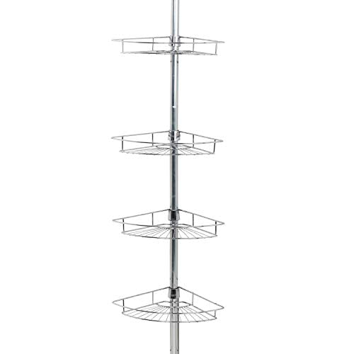 Tension Pole Shower Caddy, Adjustable Corner Shower Storage System with 4 Baskets and Built in Towel Bar, Rust-Resistant Bathroom Organization Solution, 60 to 97 Inch, Chrome