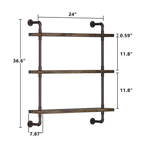 Industrial Pipe Shelf Wall Mounted, Rustic Wood Floating Shelves, 3 Tier Wall Display Bookshelf, Storage Rack Sundries Holder for Kitchen Office Bathroom Organization and Home Decor (24inch x 2) - view 2