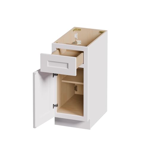 Solid Wood White Shaker Base Cabinets with Drawers, 15 Inch Wide 24 Deep RTA Storage Organizer, Small Floor Cabinet Without Countertop, Space-Saver for Laundry Room, Kitchen, Bathroom