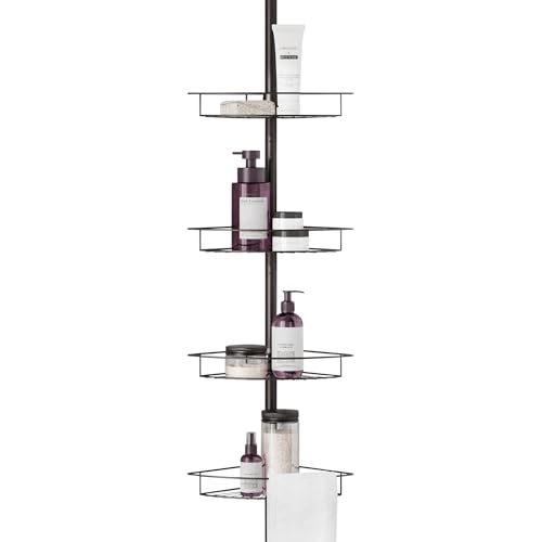 Tension Pole Shower Caddy Corner Organizer, Adjustable Standing Shower Caddy with 4 Baskets and Towel Bar, Rust Resistant Bathroom Tension Rod Organizer, 60 to 97 Inch, Bronze