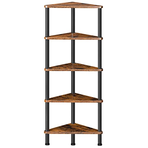 Corner Shelf Stand, Industrial 5-Tier Corner Bookshelf with Metal Frame, Plant Display Shelf, Small Bookcase for Small Spaces, Bedroom, Living Room, Rustic Brown BF33CJ01