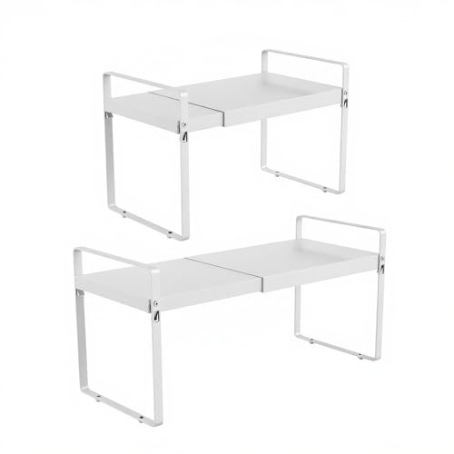 Expandable Cabinet Shelf Organizer, 9 Inch Deep, White, 2 Pack