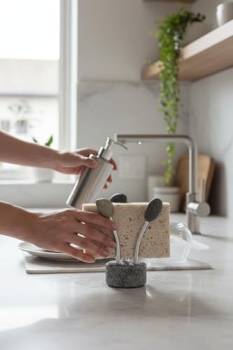 Natural Granite Sponge Holder with Aluminum Accents - Fast Drying Sponge System for ALL Sinks - Decorative Countertop Accessory for Kitchen, Bathroom - Made in the USA - view 2