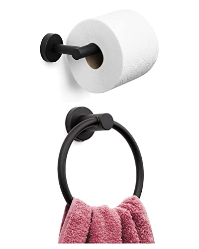 2 PCS Matte Black Bathroom Hardware Set - Hand Towel Holder for Bathroom Wall + Black Toilet Paper Holder Wall Mount | Towel Holder Hanger Rack Stainless Steel Bathroom Set - Towel Rack