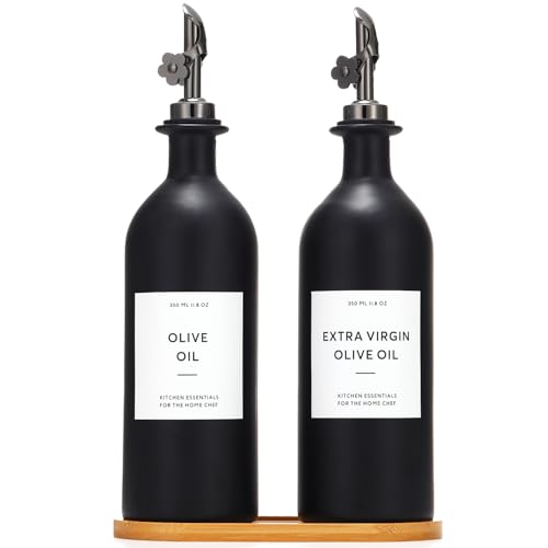 Olive Oil Dispenser for Kitchen, 16oz Glass Oil Bottles with Bamboo Tray