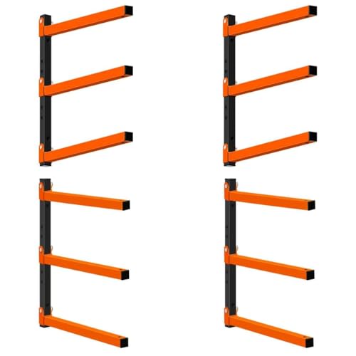 Heavy Duty Wall Mounted Lumber Storage Rack, 3-Level, 4 Pack Metal Garage Shelving System for Wood, Pipes & Skis, 300 Lbs Capacity Organizer Bracket (Black/Orange)
