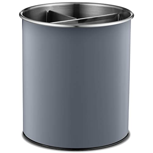 Rotating Utensil Crock with Weighted Base for Stability, Stainless Steel Utensil Caddy with Removable Divider, Modern Lava Gray