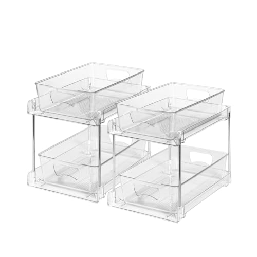 2 Pack Clear Bathroom Organizers and Storage, 2 Tier Pull Out Under Sink Cabinet Organizer Plastic Drawer Organization and Storage for Bathroom and Kitchen