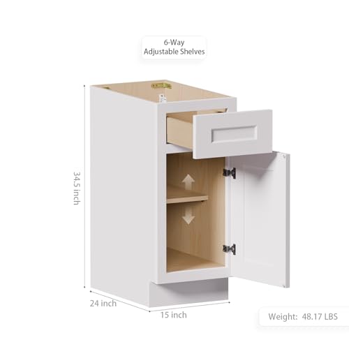 Solid Wood White Shaker Base Cabinets with Drawers, 15 Inch Wide 24 Deep RTA Storage Organizer, Small Floor Cabinet Without Countertop, Space-Saver for Laundry Room, Kitchen, Bathroom - view 3