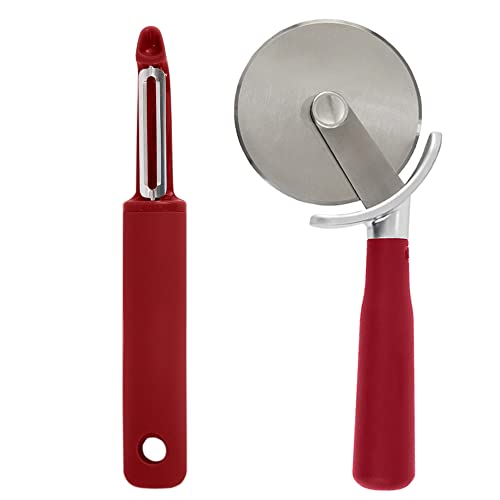 Swivel Vegetable Peeler and Pizza Cutter Wheel, Peeler is Dishwasher Safe,Pizza Cutter is Rust Resistant, Both in Red Color, 2 Item Bundle