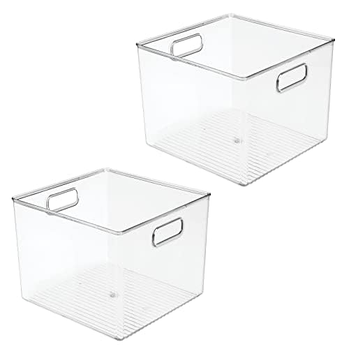 Small Modern Plastic Storage Organizer Bin Basket with Handles for Home Closet Organization - Shelf, Cubby, Cabinet, and Cupboard Organizing Decor - Ligne Collection - 2 Pack - Clear
