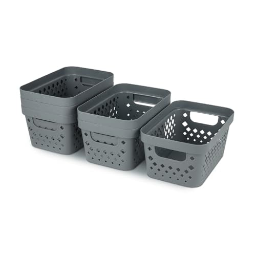 Plastic Baskets for Organizing, Set of 6 | Pantry Storage for Under Counter, Linen Closet, and Bathroom | Nesting Shelf Bins with Handles, 1 Gallon, Grey - view 6