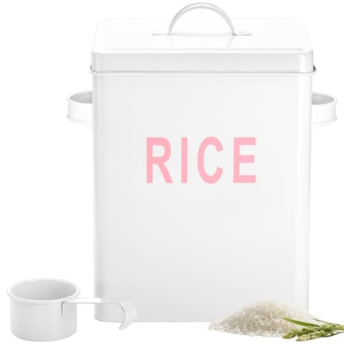 10 Lbs Metal Rice Storage Container, Square Rice Canister with Lid and Measuring Scoop, Countertop Sealed Food Storage Container for Cereal, Beans, Pet Food, White