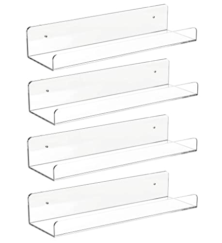 4 PCS Clear Acrylic Floating Wall Ledge Shelf 15 Inch Wall Mounted Nursery Kids Bookshelf, Invisible Hanging Shelves for Wall Storage,Toy Picture Ledge Display Shelf Bathroom Storage Shelves