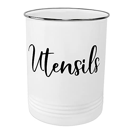 Vintage Farmhouse Utensil Holder - Stylish Countertop Organizer and Kitchen Decor Caddy - Stainless Steel Rim - White