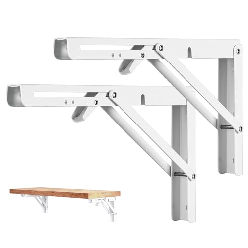 2 Pcs Folding Shelf Brackets,10 Inch White Collapsible Shelf Bracket for WorkbenchShelf Hinge Wall Mounted Space Saving DIY Bracket,with Screws.
