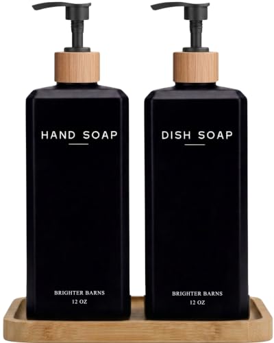 Black Glass Hand and Dish Soap Dispenser Set - 12oz Kitchen Soap Dispenser Set with Bamboo Tray and Pump - Boho Modern Home Decor for Kitchen Sink, Restaurant, Hotel, Gifts (Black)