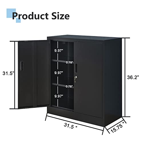 Metal Storage Cabinet, 36" H Locking Storage Cabinet with 2 Adjustable Shelves, Metal Cabinets for Garage, Home, Office, Utility Room-Black - view 3