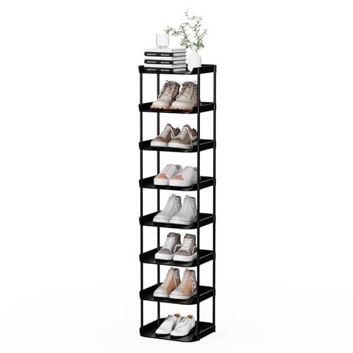 8 Tier Vertical Narrow Shoe Rack, Stackable Tall Skinny Shoerack, Compact Single Shoes Storage Tower for Slim Space, Corner Plastic Shelves, for Hallways, Entryway, Bedrooms Organizer, Black