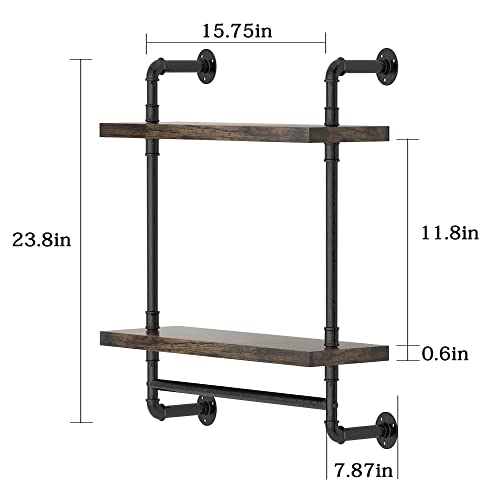 2 Tier Industrial Pipe Floating Bathroom Shelves Wall Mounted with Towel Bar, Rustic Wood Wall Shelf, 16 Inch Metal Towel Rack Storage Bookshelf for Bathroom, Kitchen, Farmhouse, Living Room - view 3